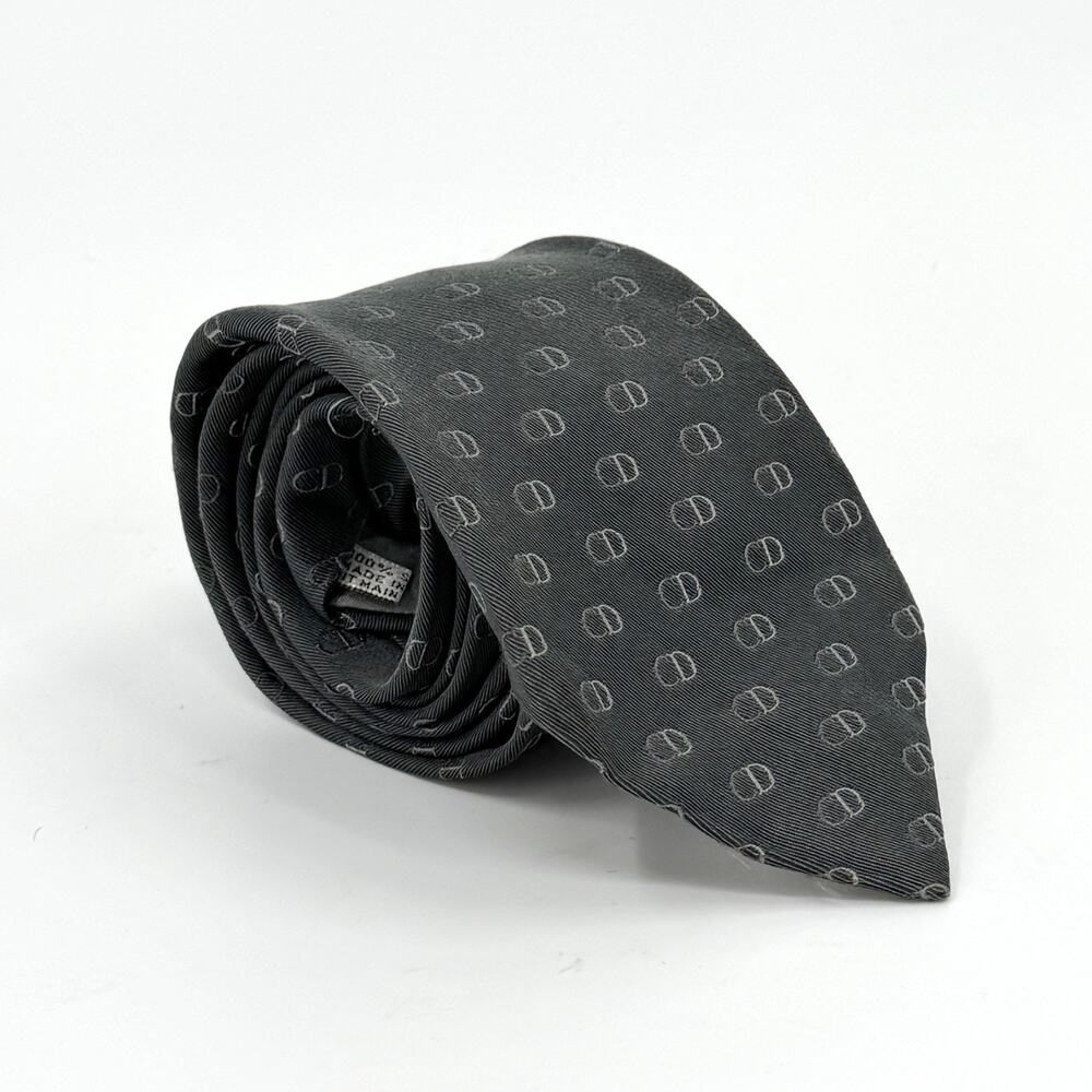 Vintage 90s Christian Dior Gray Silk CD Logo Print Necktie